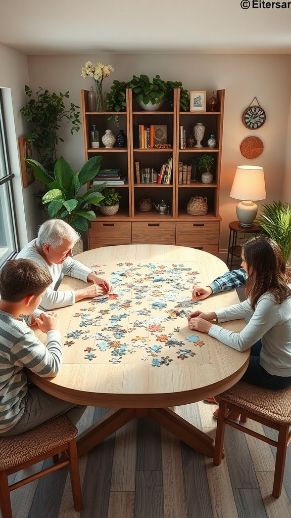 Family members working together on a jigsaw puzzle around a round table in a cozy room with plants and bookshelves.