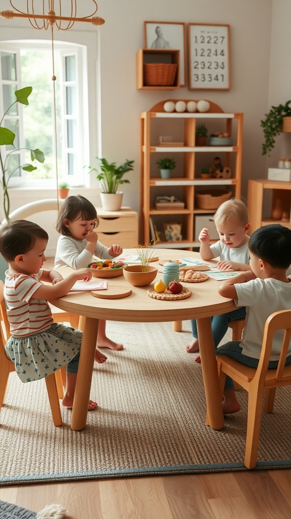 A cozy Montessori toddler room with four children around a round table engaged in group activities, surrounded by natural decor.