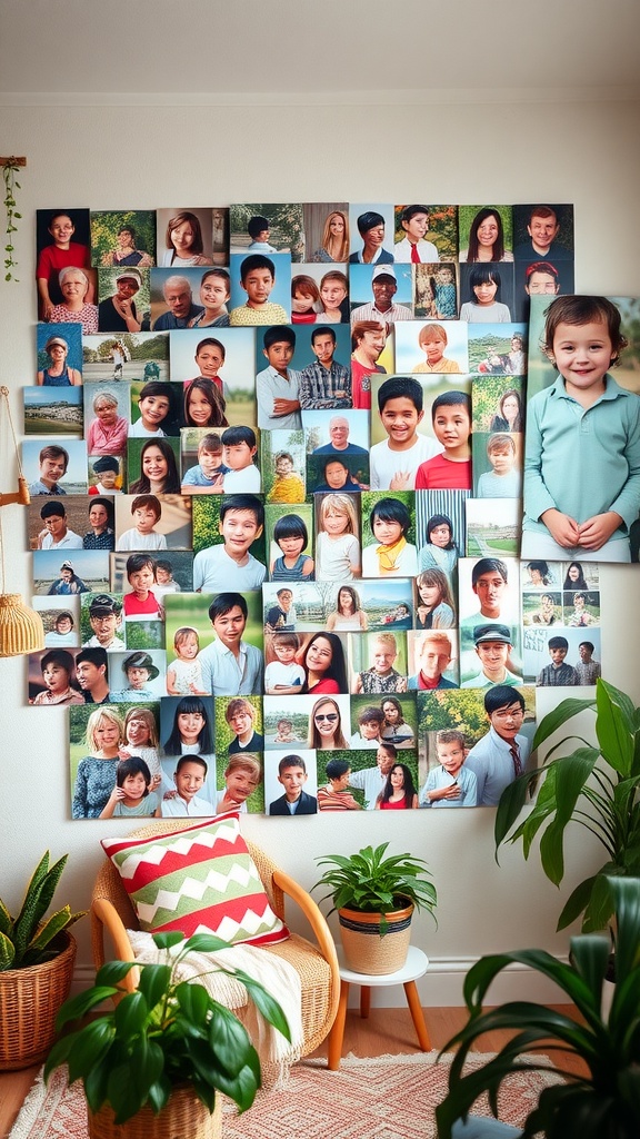 A colorful collage of childhood photographs arranged on a wall, showcasing various children and family moments.