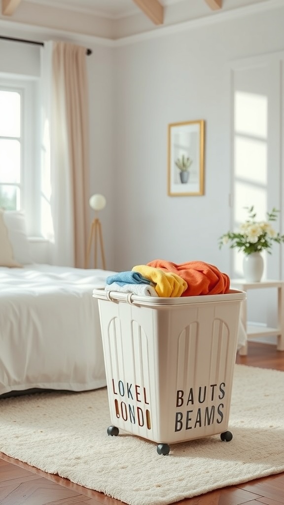 A collapsible laundry basket filled with colorful towels in a bright bedroom setting.