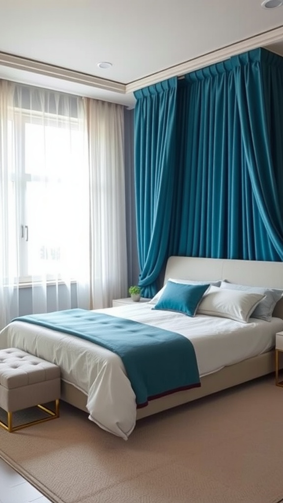 A bedroom with teal color-blocked canopy panels giving a stylish and modern look.