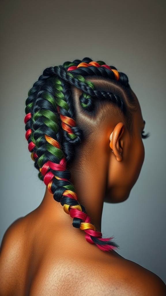 A close-up view of medium knotless braids featuring a vibrant color-blocked design with black, green, orange, and red hues.