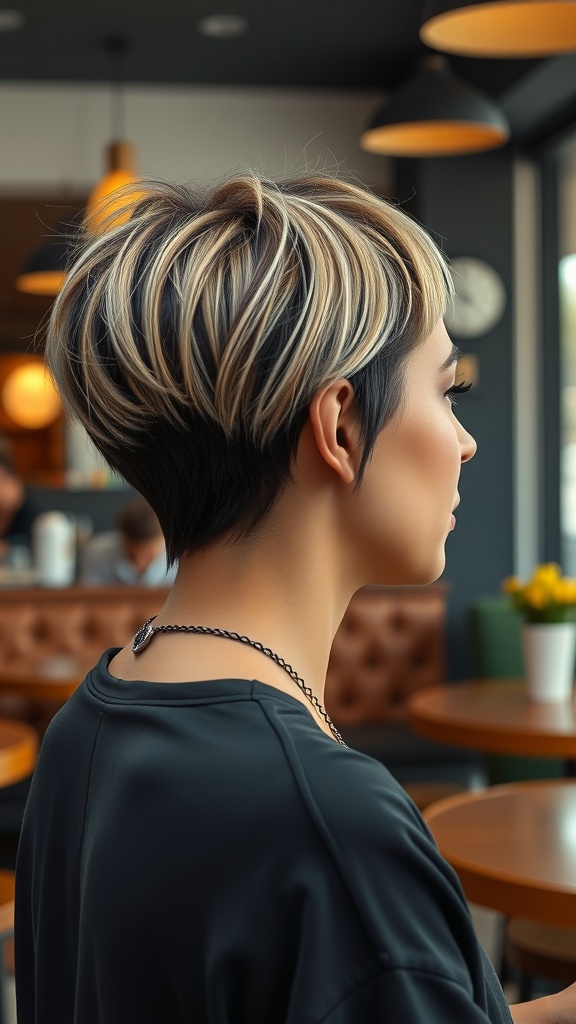 A person with a color-blocked pixie cut, featuring dark roots and lighter highlights, sitting in a café with a modern interior.