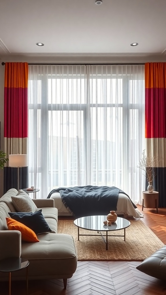 Living room with color-blocking curtains in orange, pink, and deep blue.