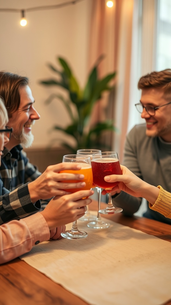 A group of people clinking glasses filled with colorful drinks, celebrating together.
