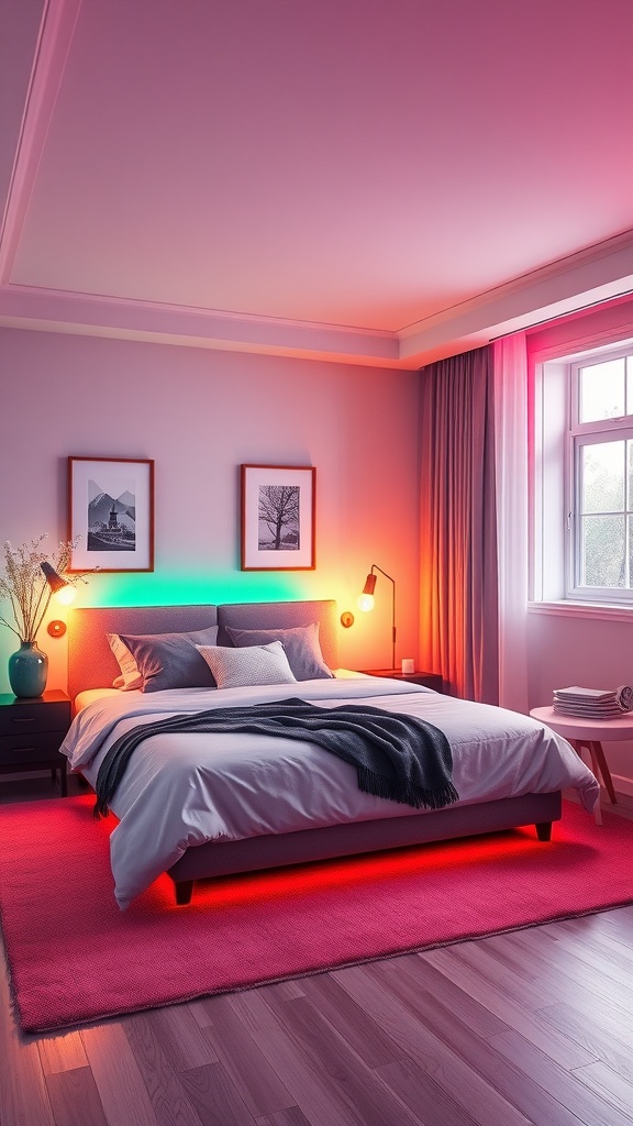 A cozy bedroom featuring color-changing smart bulbs, showcasing vibrant lighting effects.