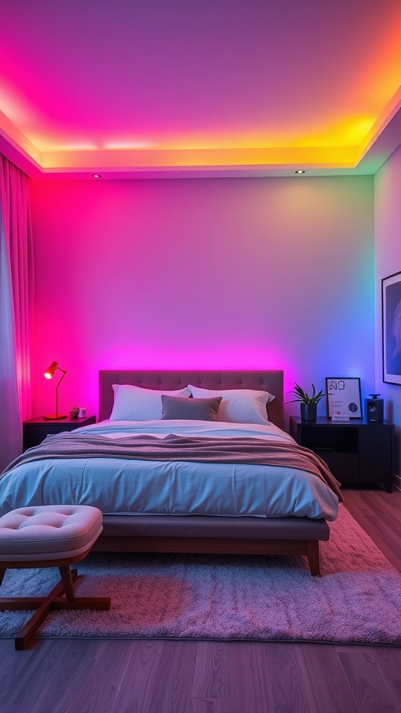 A modern bedroom with color-changing smart bulbs creating a vibrant atmosphere.