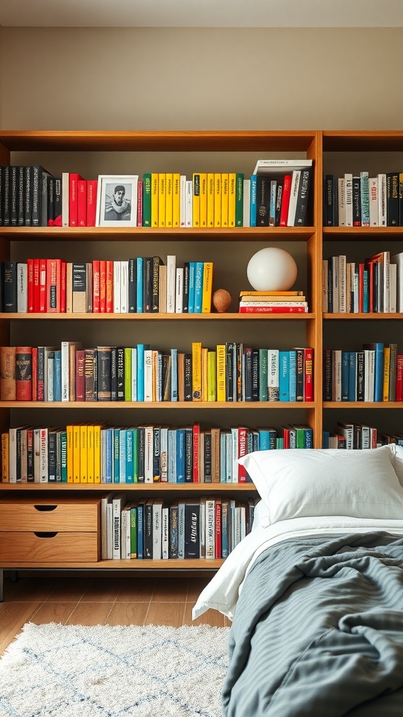 A bedroom bookshelf arranged by color with various books in vibrant hues, creating an inviting atmosphere.