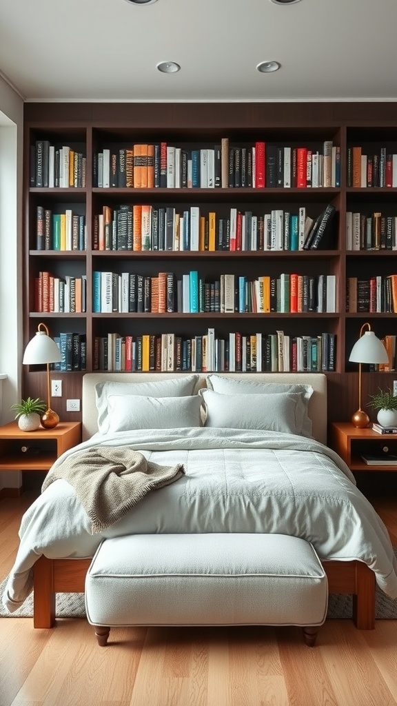 A cozy bedroom with a color-coded bookshelf filled with books, showcasing a warm and inviting atmosphere.