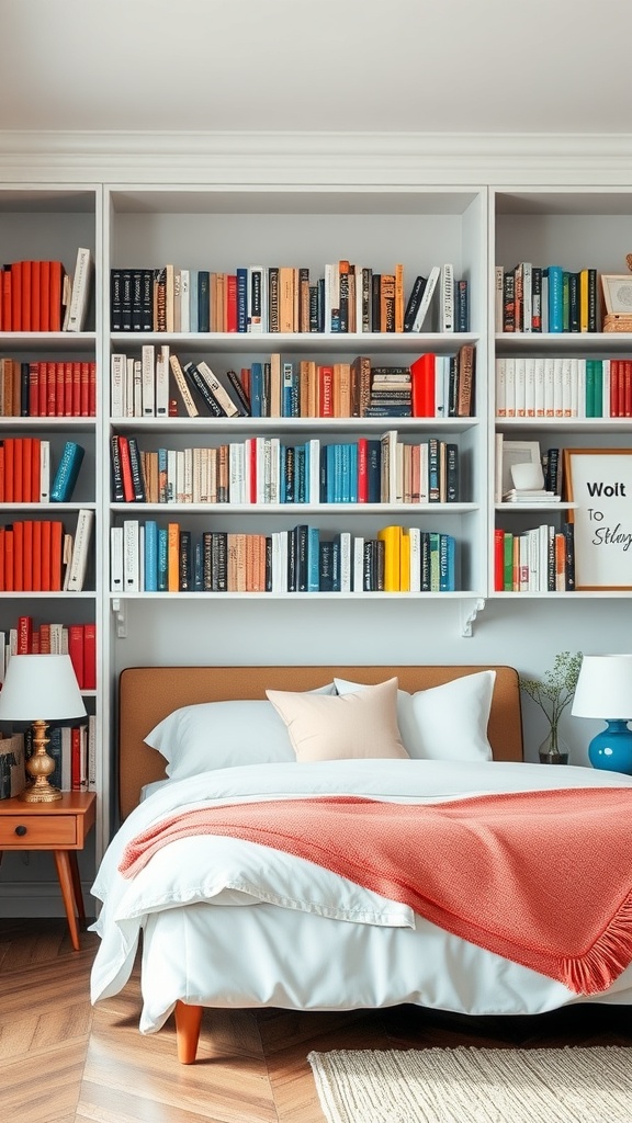 A color-coded bookshelf filled with books arranged by color, next to a cozy bed with decorative pillows.