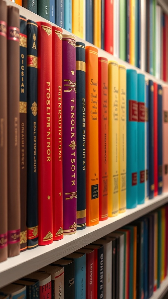 Color-coded bookshelf with books arranged in a spectrum of colors