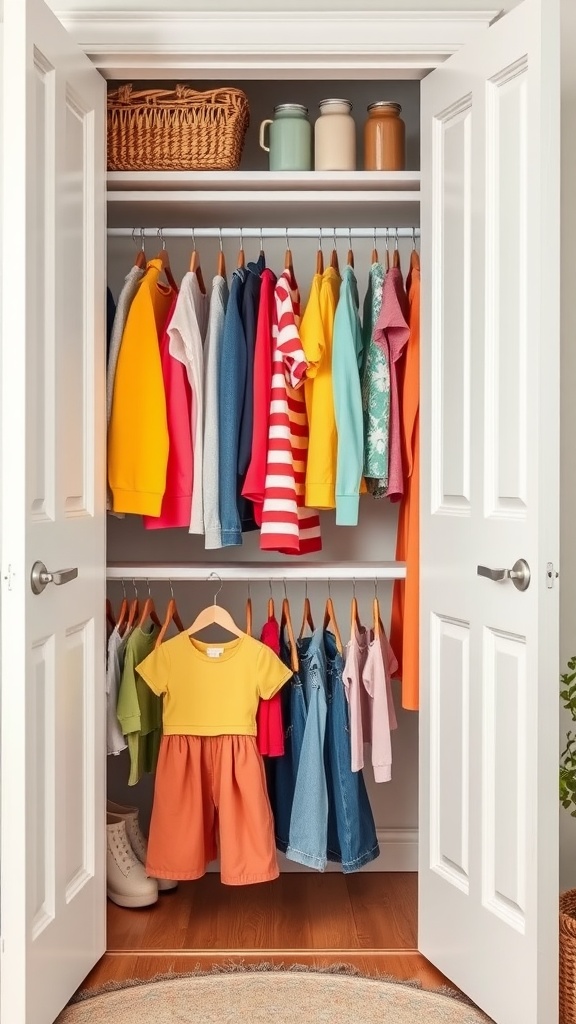 Neatly organized toddler closet with color-coded clothing and accessories.