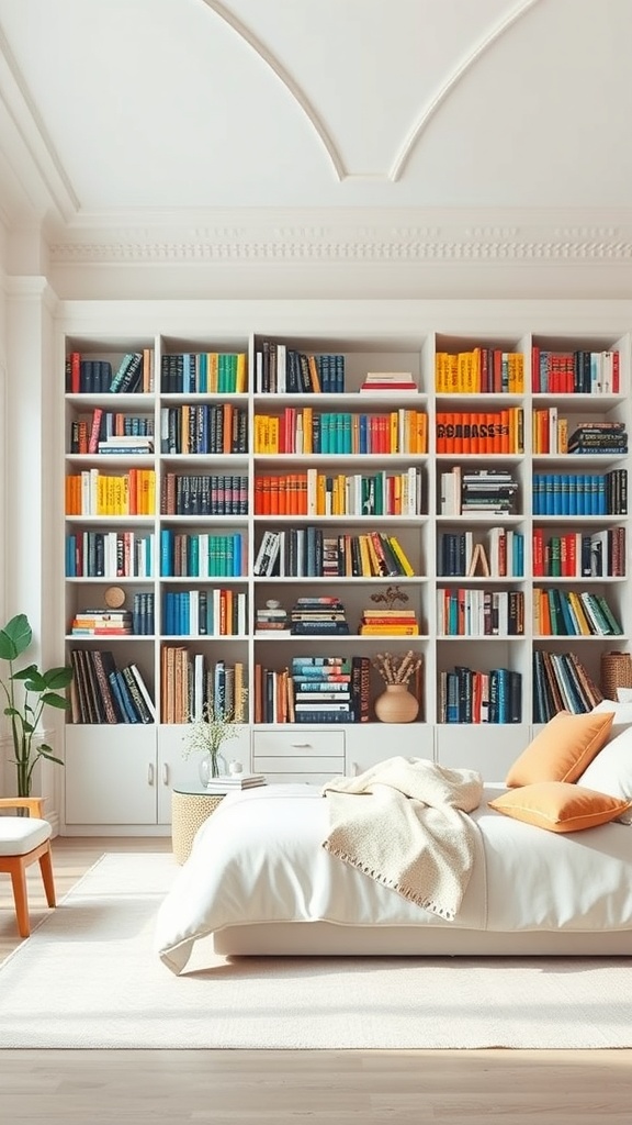 A color-coded bookshelf filled with books in various colors, creating a vibrant and organized display.