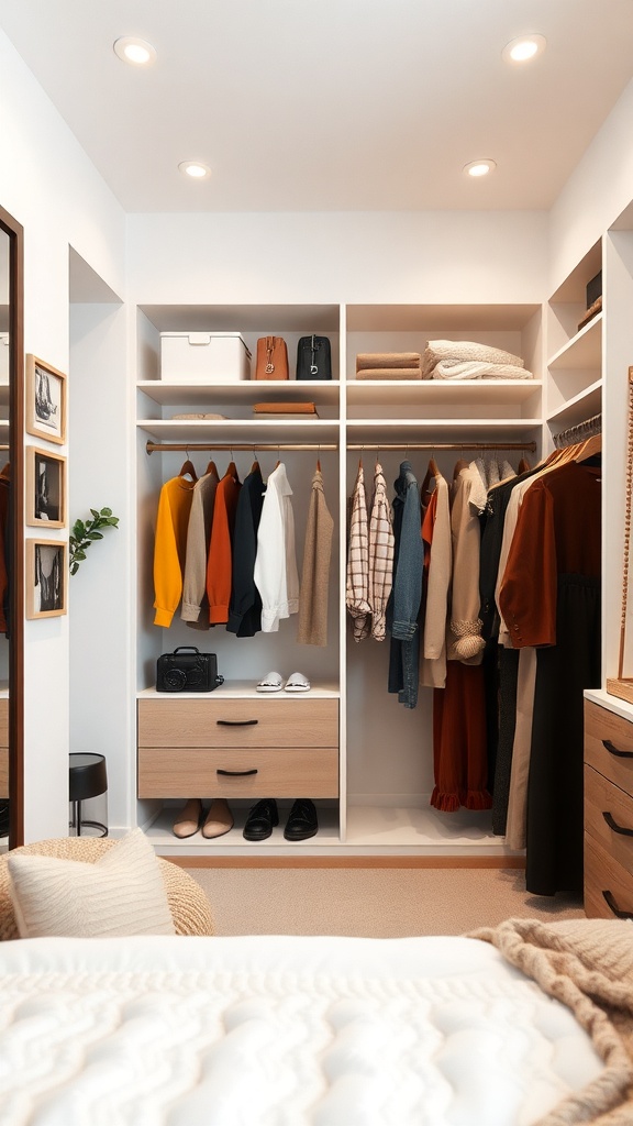 A well-organized walk-in wardrobe with clothes arranged by color, featuring storage boxes and a cozy atmosphere.