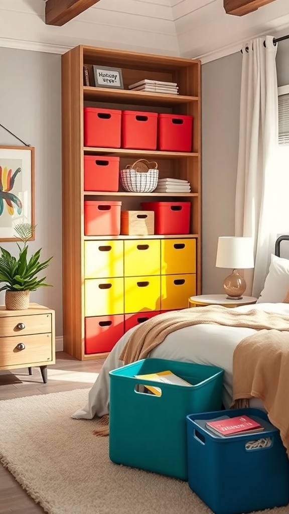 Color-coded storage bins in a bedroom for organization
