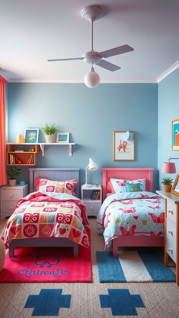 A shared bedroom for a boy and girl featuring color-coded zones with distinct bedding and area rugs.