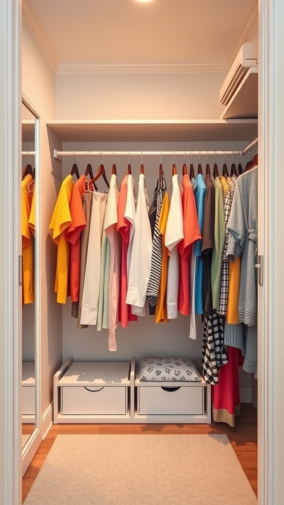 A small organized closet with color-coded clothes hanging on a rod and storage boxes below.