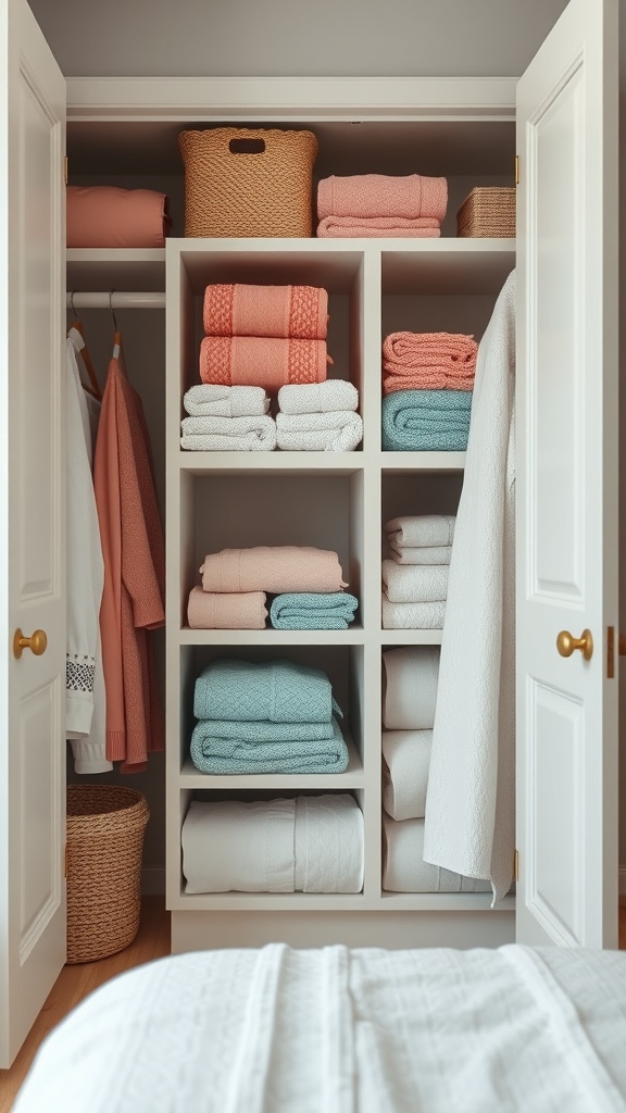 Organized bathroom closet with color-coded towels and linens