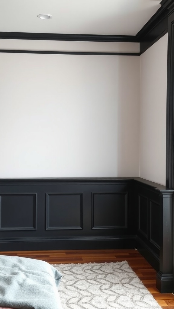 A bedroom featuring black wainscoting with a light wall color, showcasing a cozy design.