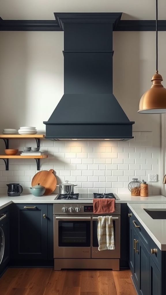 A kitchen with a dark chimney and blue cabinets, featuring gold accents and white tiles.