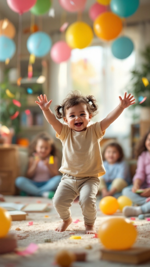 A joyful toddler dancing with colorful balloons and confetti around them.