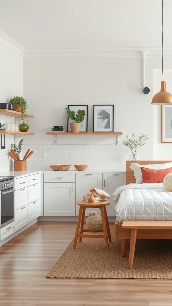 A minimalist kitchen featuring white cabinetry, warm wood accents, and colorful decorative elements.