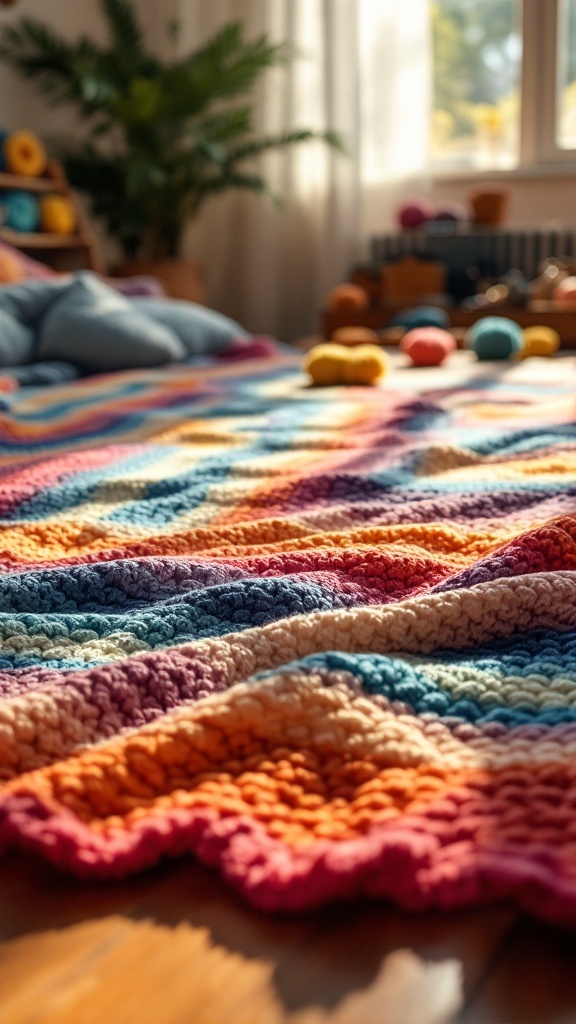 A vibrant crochet bedspread with color-blocked stripes, showcasing warm oranges, cool blues, and other vivid colors, draped over a wooden surface.