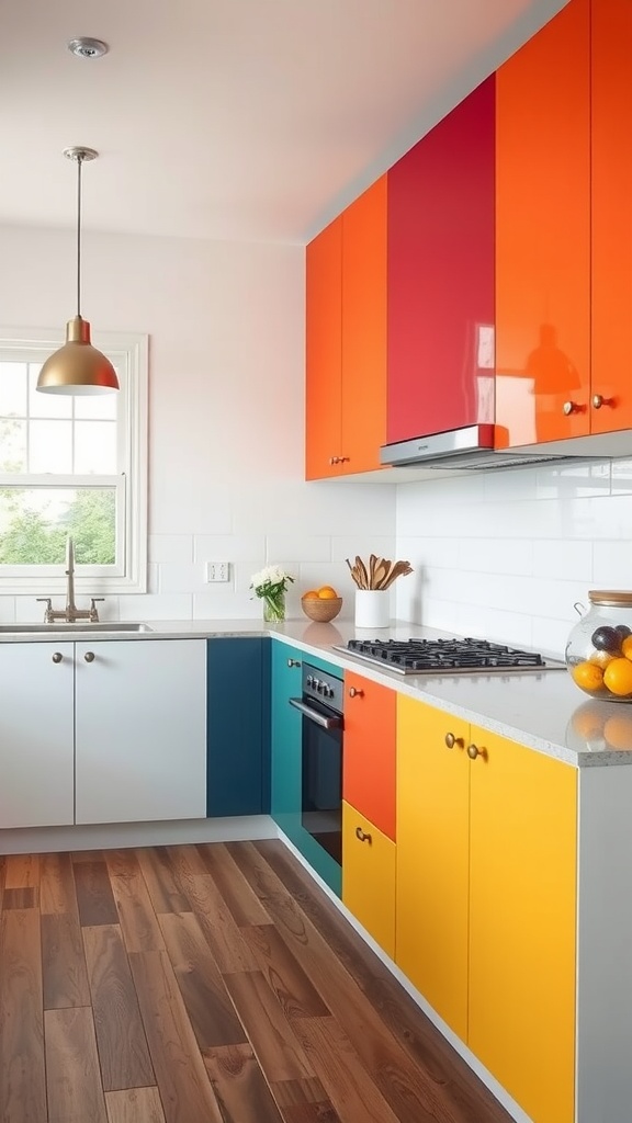 A colorful kitchen with cabinets in red, orange, yellow, green, and blue.