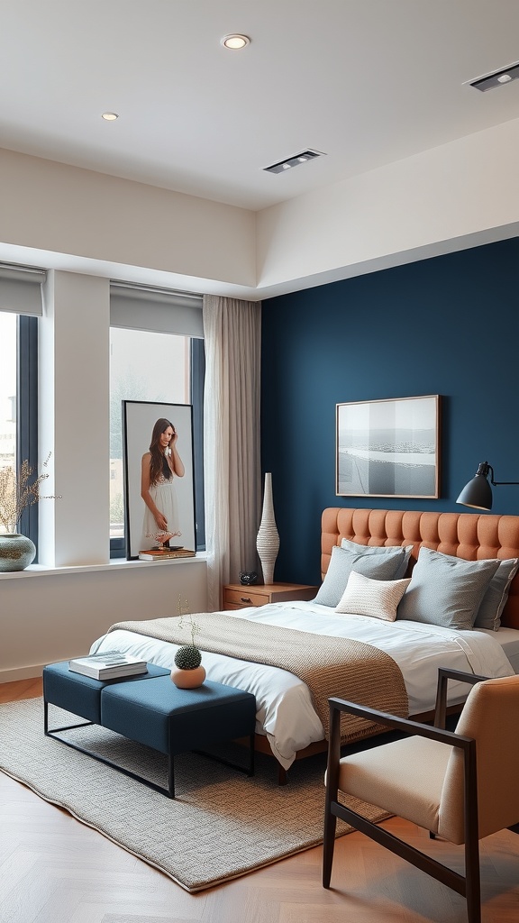 A contemporary bedroom featuring color blocking with a deep blue wall and light-colored bedding.