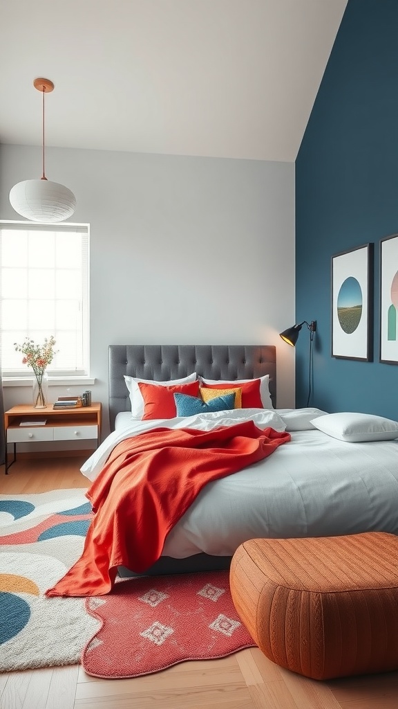 A modern bedroom featuring color blocking with a blue wall, gray bedding, and vibrant orange and red accents.