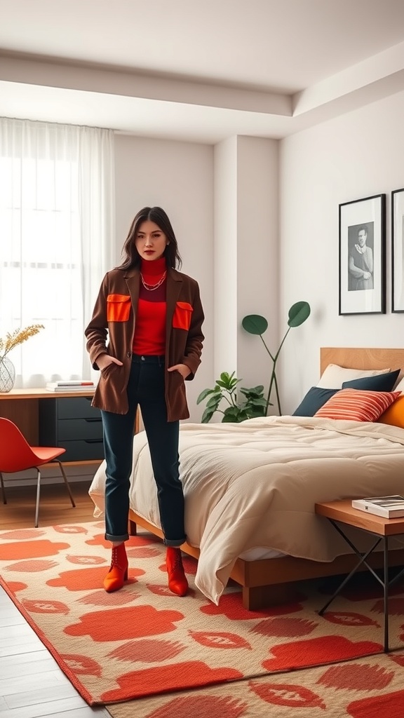 A stylish individual in a brown blazer with orange accents and red top, standing in a well-decorated room with a cozy bed and colorful rug.