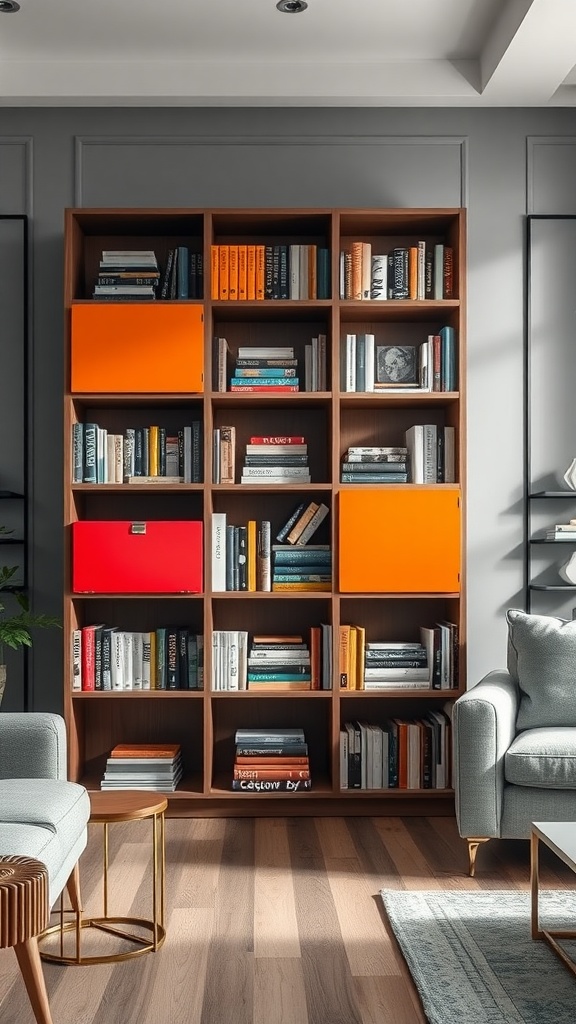 A modern living room bookshelf displaying a mix of books with color-blocked covers in orange and red, enhancing the decor.
