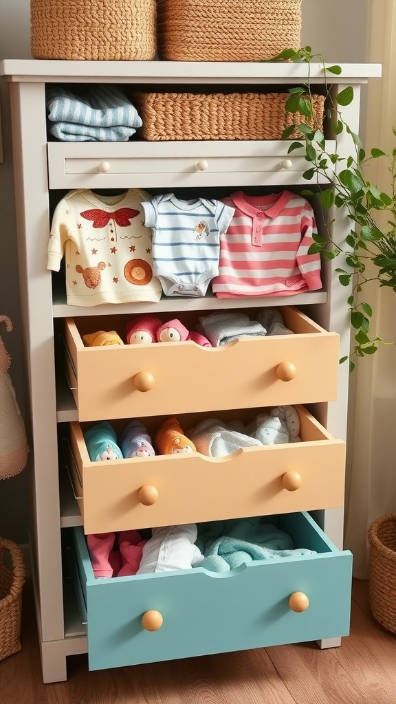 A nursery dresser with color-coded drawers holding baby clothes and accessories.