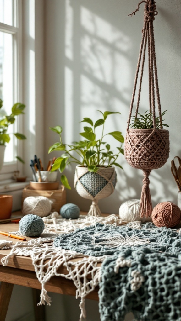 A cozy indoor scene with crochet plant hangers in earthy tones and soft blues, surrounded by yarn and plants.