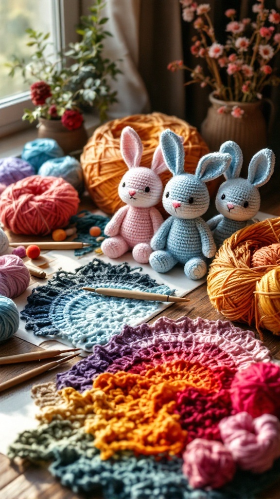 Crochet bunnies in pink and blue surrounded by colorful yarn and crochet patterns on a table.