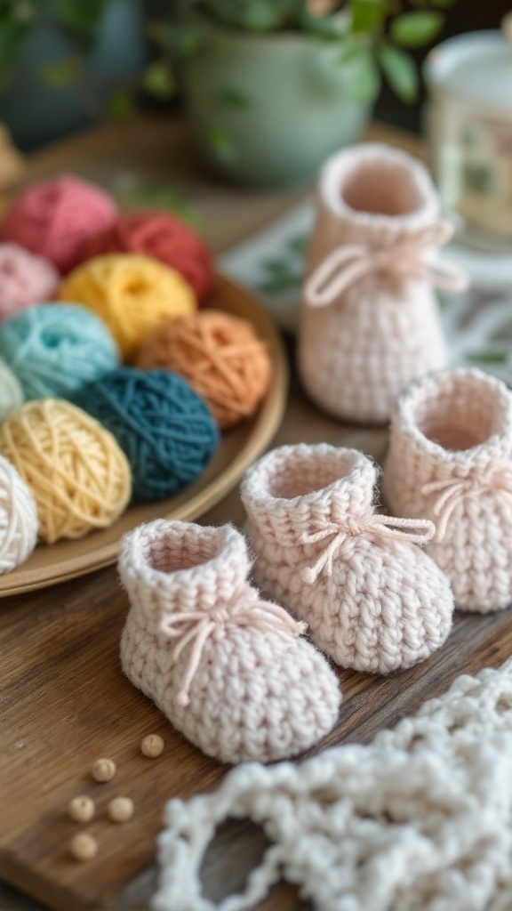 Crochet baby booties with colorful yarn in the background