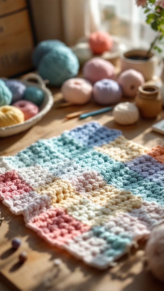 A crocheted baby blanket with a colorful pattern, surrounded by yarn balls in various shades.