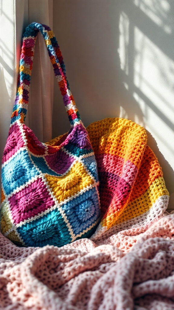 A vibrant crochet shoulder bag with colorful squares next to a cozy pink blanket.