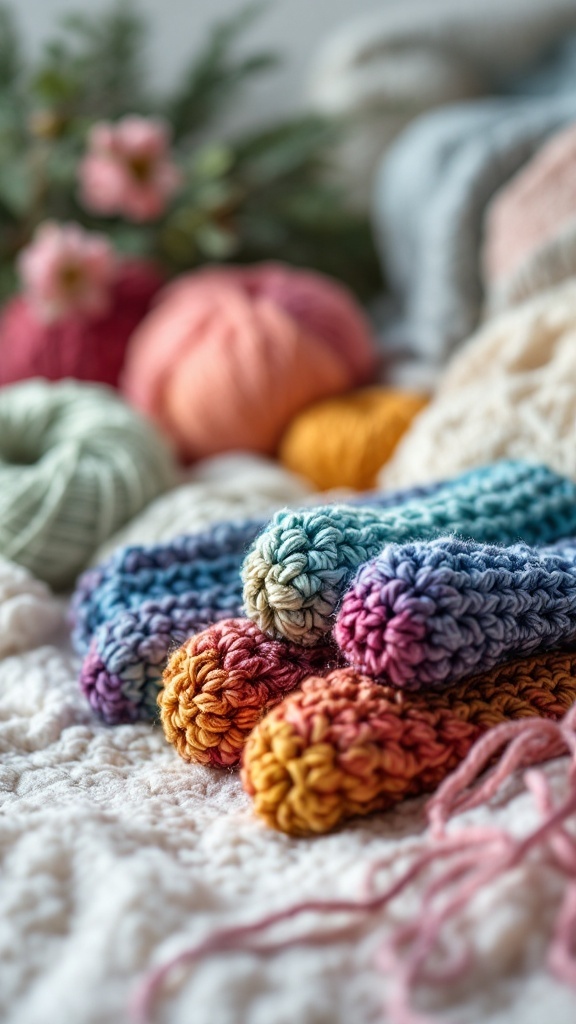 Colorful crochet ear warmers displayed on a cozy background with yarn and flowers.