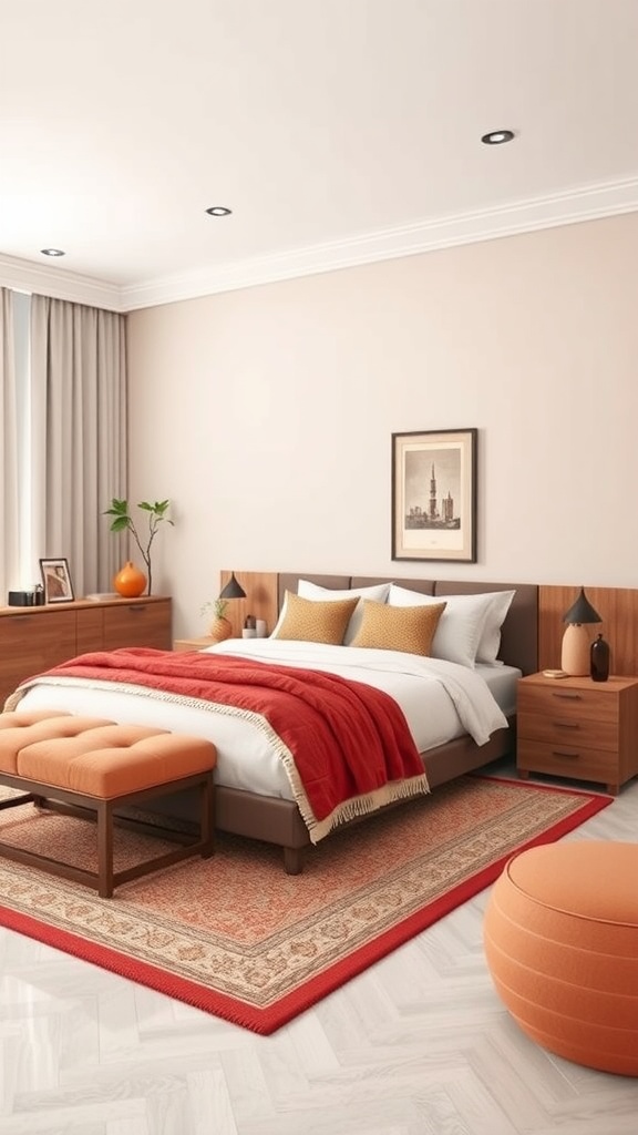 A modern Indian bedroom featuring color-coordinated accessories including a vibrant red throw, orange cushions, and a decorative rug.