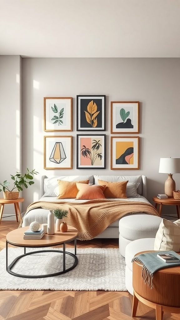 A cozy living room with a color coordinated art display featuring framed botanical and abstract art on the wall.