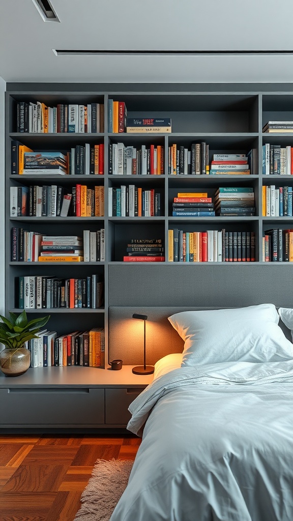 A color coordinated book arrangement in a stylish bedroom with a cozy bed and warm lighting