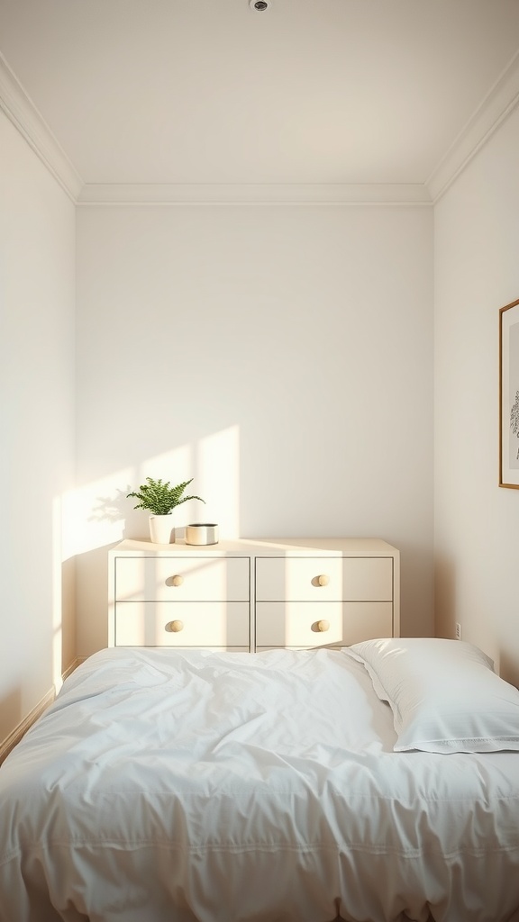 A small bedroom featuring a light-colored bed, dresser, and a plant, illuminated by natural light.