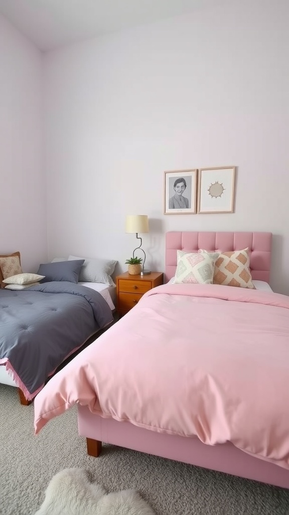 A shared bedroom with two beds, one pink and one grey, featuring light pastel walls and cozy decor.
