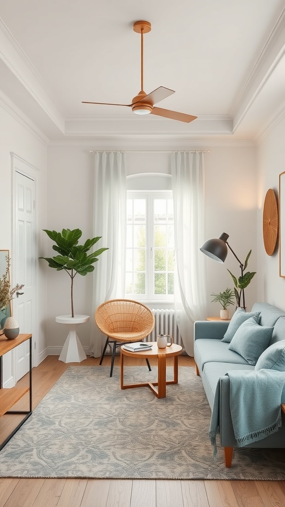 A small living room with a blue sofa, wooden furniture, and plants, showcasing color coordination.
