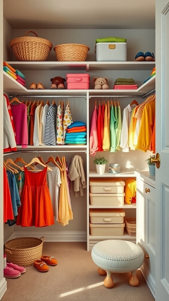 A colorful and organized kids' closet with clothes, baskets, and a stool.