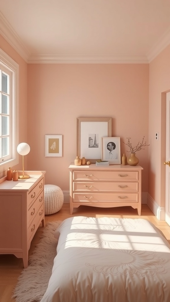 A small bedroom featuring a peach-colored dresser and bedding, with a cozy atmosphere.