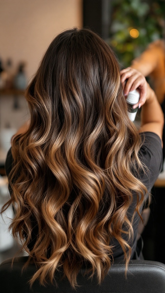 A woman with long, highlighted hair being styled in a salon.