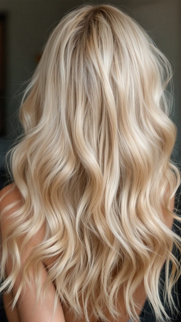 Back view of long, wavy blonde hair with highlights