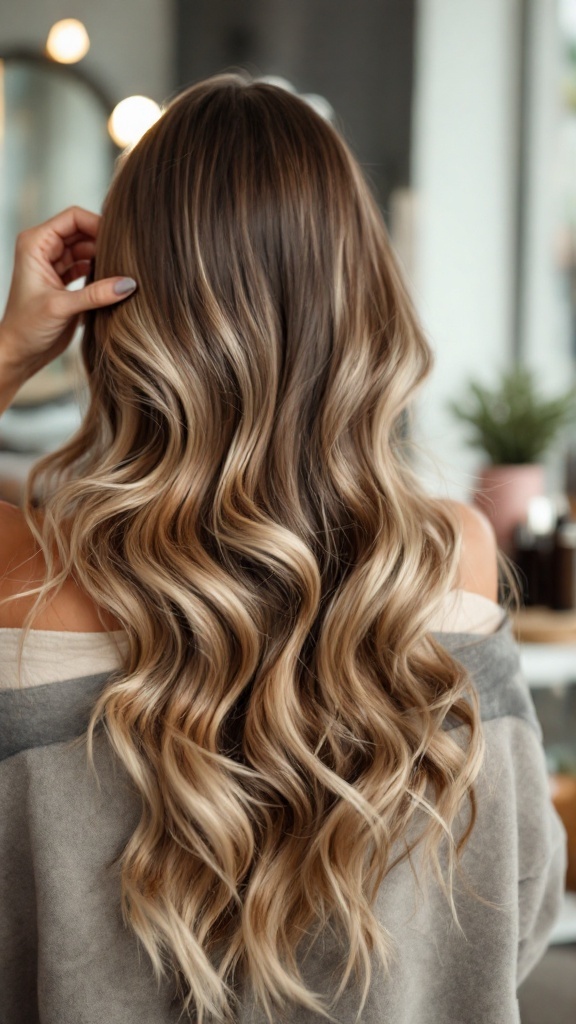 A person with light brown hair and blonde highlights styled in loose waves.